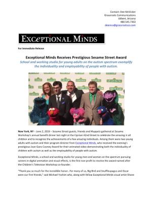 Exceptional Minds Receives Prestigious Sesame Street Award