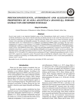 Phytoconstituents, Antioxidant and Allelopathic Properties of Suaeda Aegyptiaca (Hasselq.) Zohary Extract on Chenopodium Murale