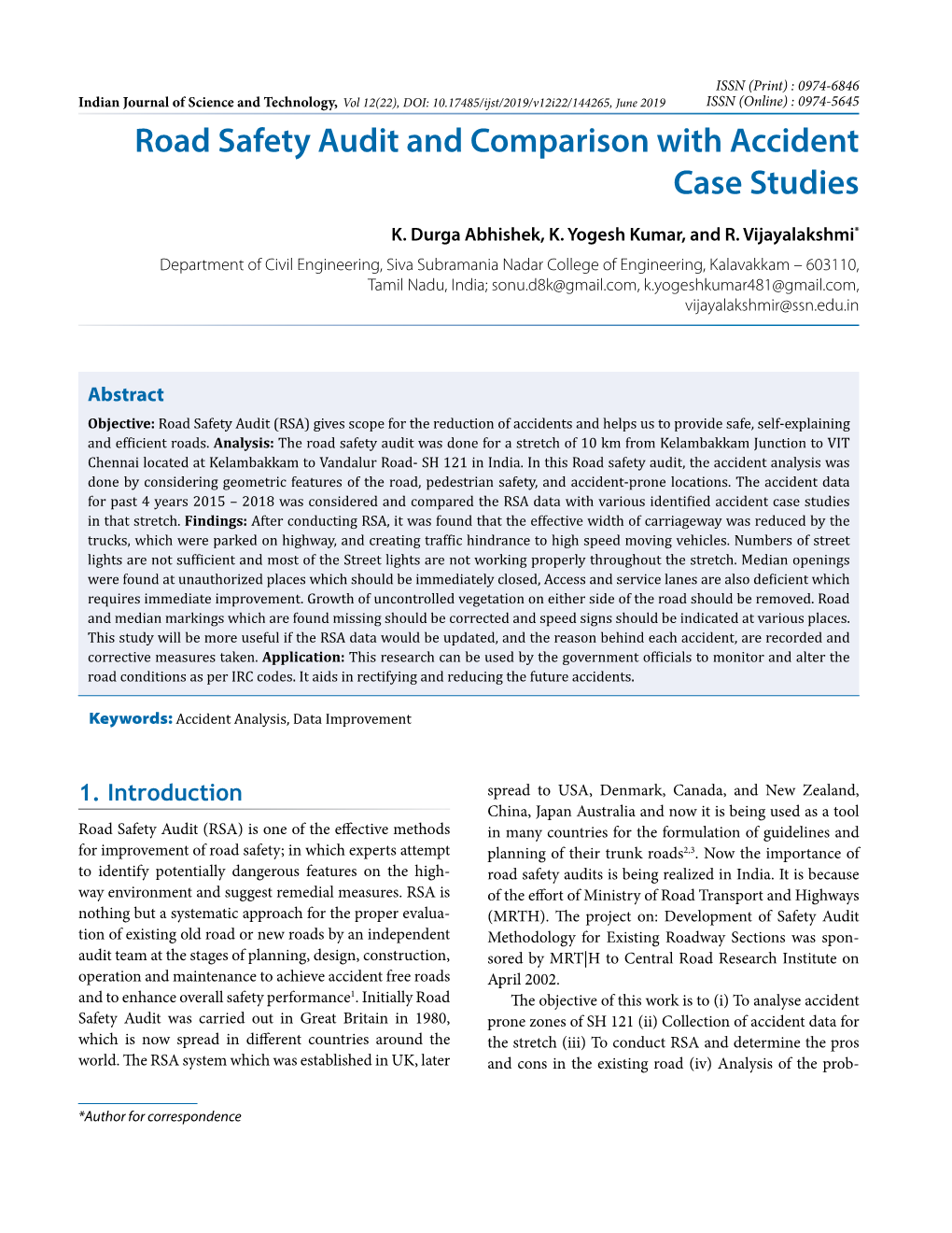 Road Safety Audit and Comparison with Accident Case Studies