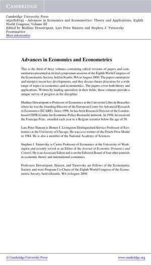 Advances in Economics and Econometrics: Theory and Applications, Eighth World Congress, Volume III Edited by Mathias Dewatripont, Lars Peter Hansen and Stephen J