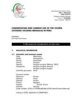 Conservation and Current Use of the Vicuña (Vicugna Vicugna Mensalis) in Peru