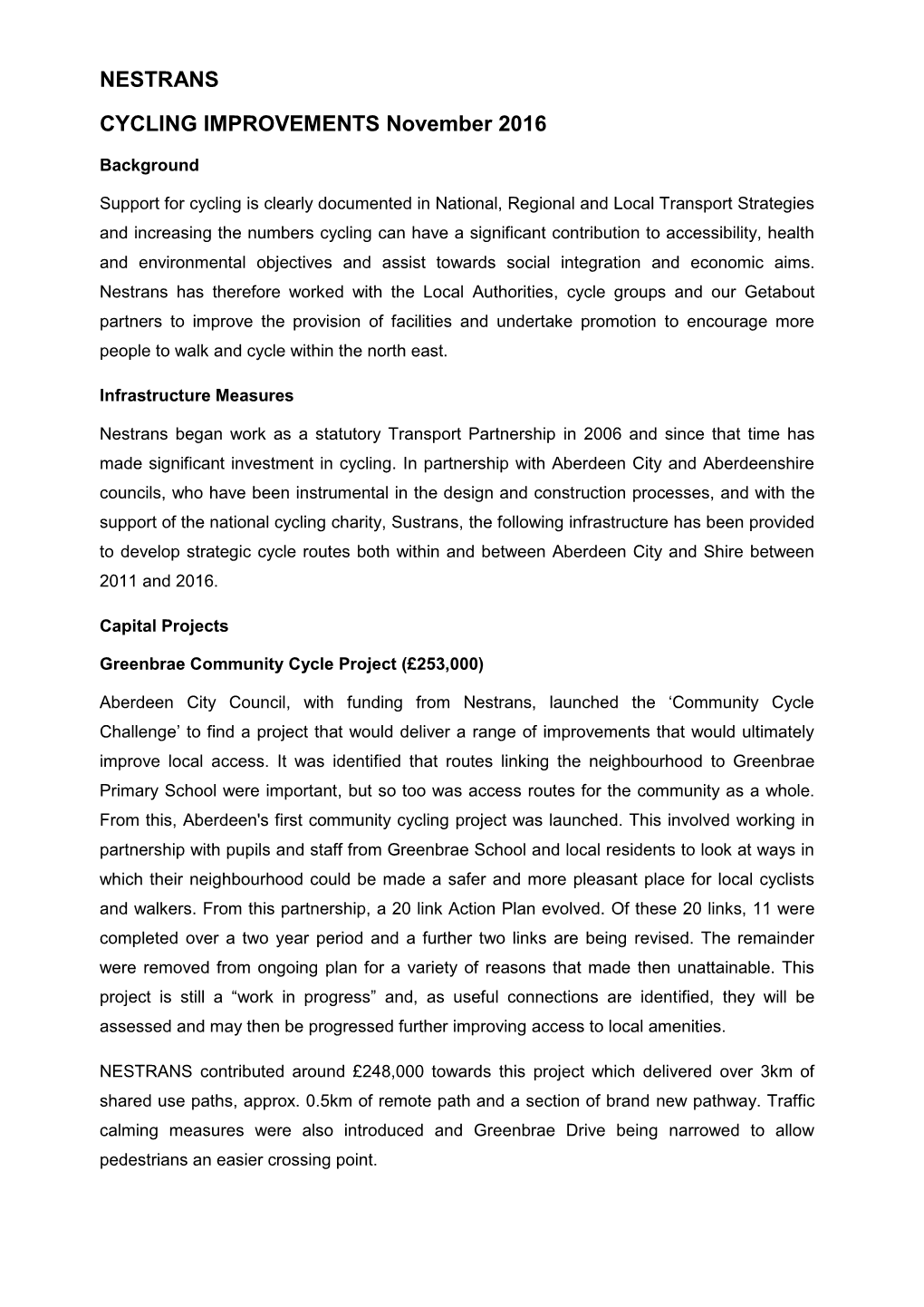 NESTRANS CYCLING IMPROVEMENTS November 2016