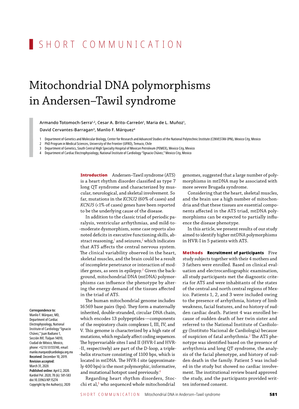 Mitochondrial DNA Polymorphisms in Andersen–Tawil Syndrome