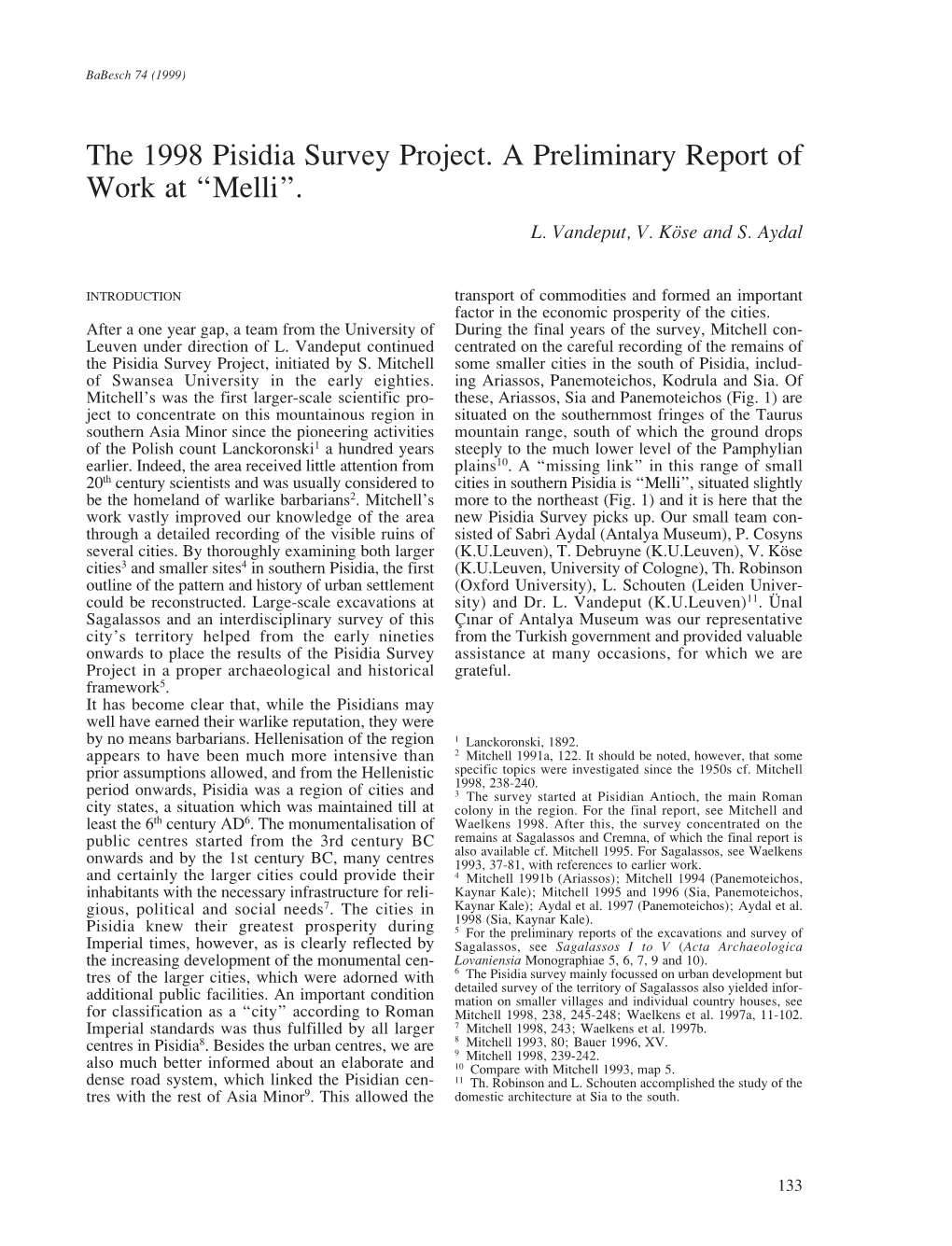 The 1998 Pisidia Survey Project. a Preliminary Report of Work at “Melli”