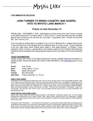 Josh Turner to Bring Country and Gospel Hits to Mystic Lake March 1
