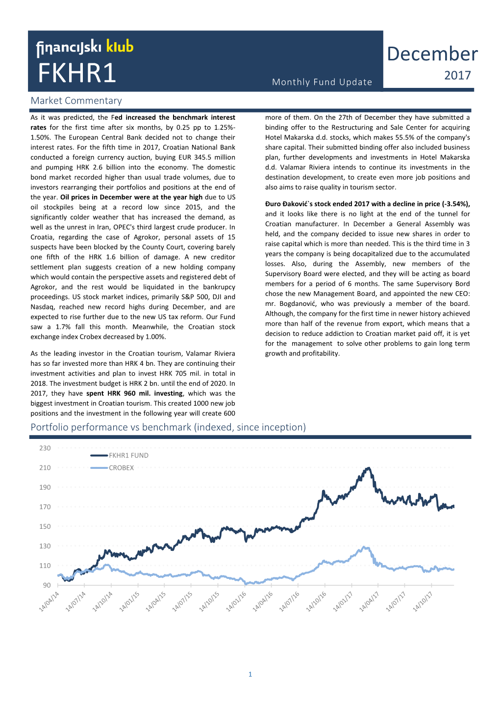 December 2017 FKHR1 Monthly Fund Update Market Commentary As It Was Predicted, the Fed Increased the Benchmark Interest More of Them