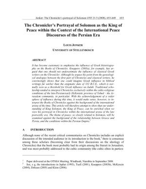 The Chronicler's Portrayal of Solomon As the King of Peace Within The