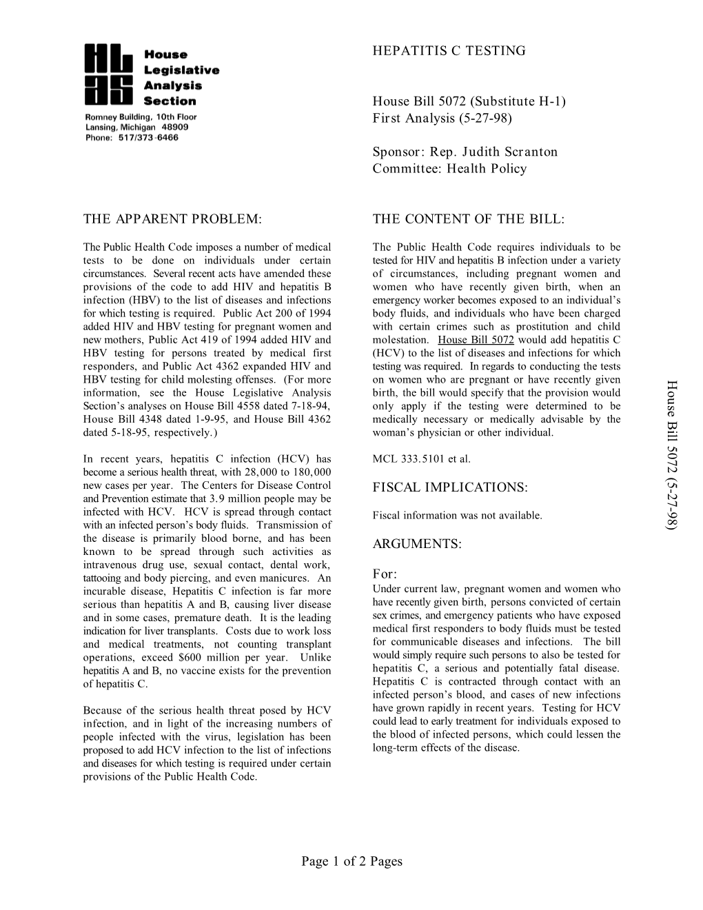 Of 2 Pages HEPATITIS C TESTING House Bill 5072 (Substitute H-1)