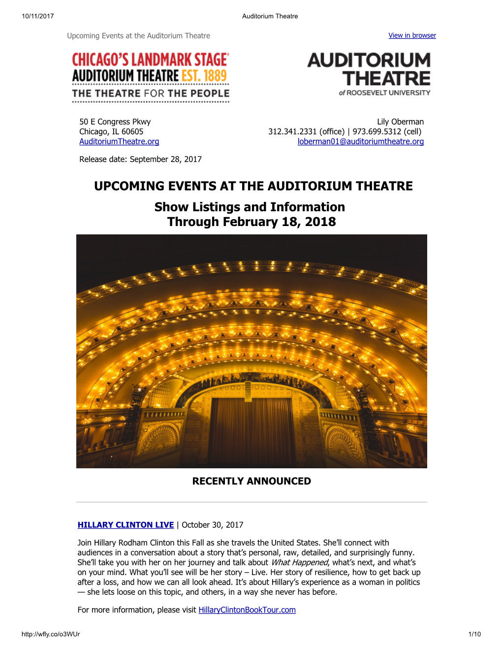 UPCOMING EVENTS at the AUDITORIUM THEATRE Show Listings and Information Through February 18, 2018