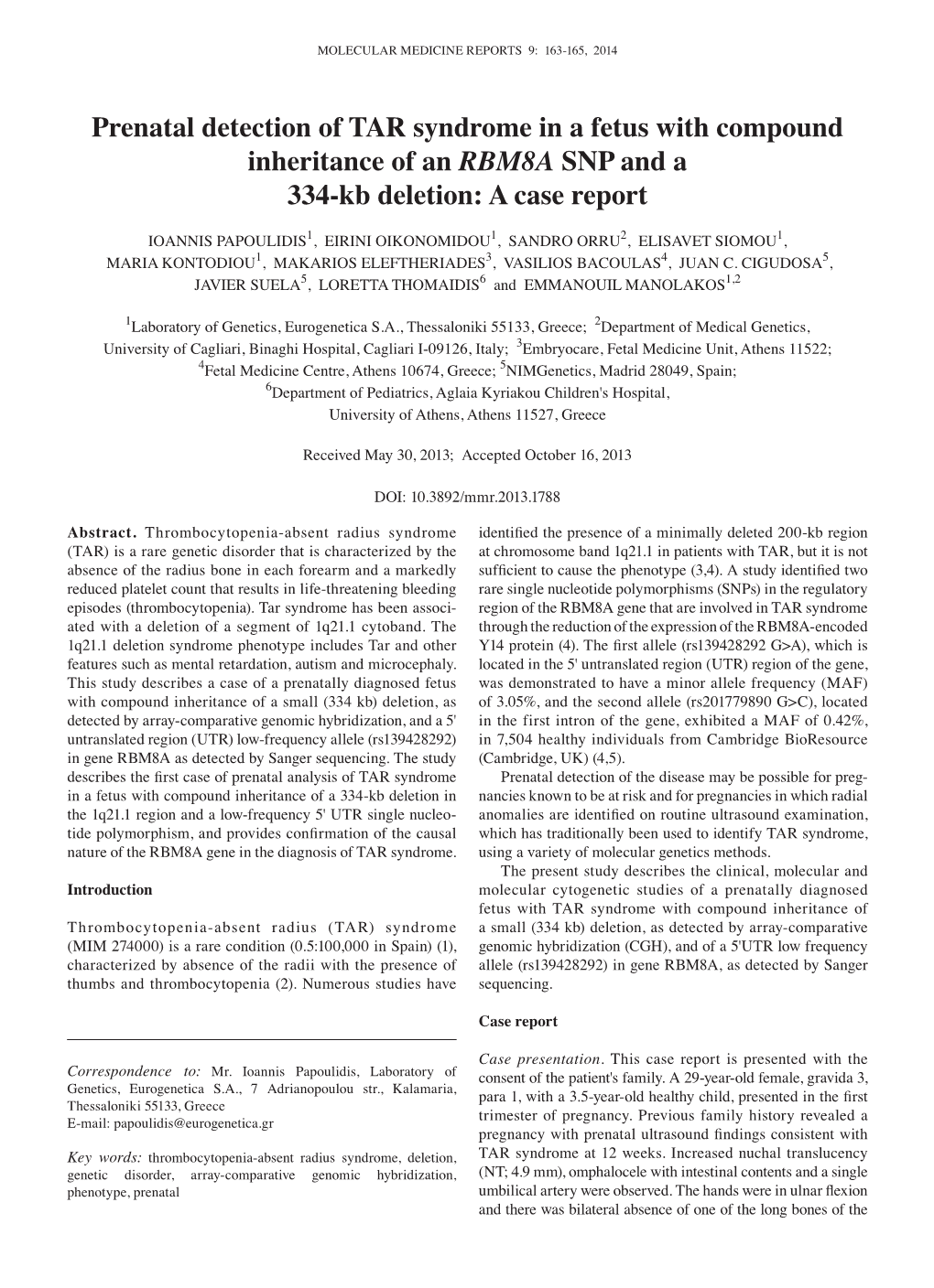 Prenatal Detection of TAR Syndrome in a Fetus with Compound Inheritance of an RBM8A SNP and a 334‑Kb Deletion: a Case Report