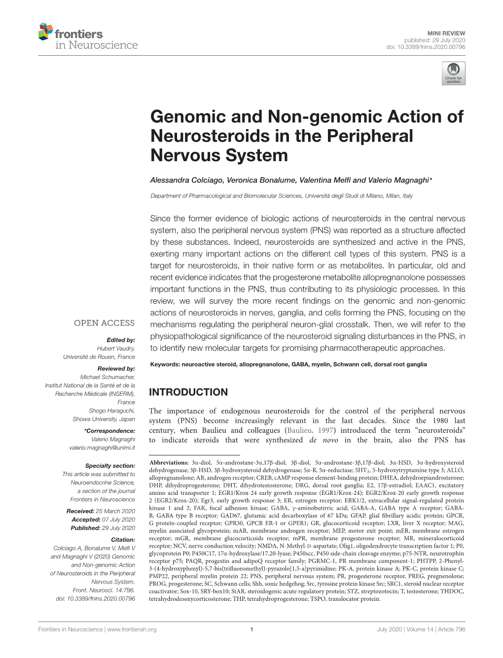 Genomic and Non-Genomic Action of Neurosteroids in the Peripheral Nervous System