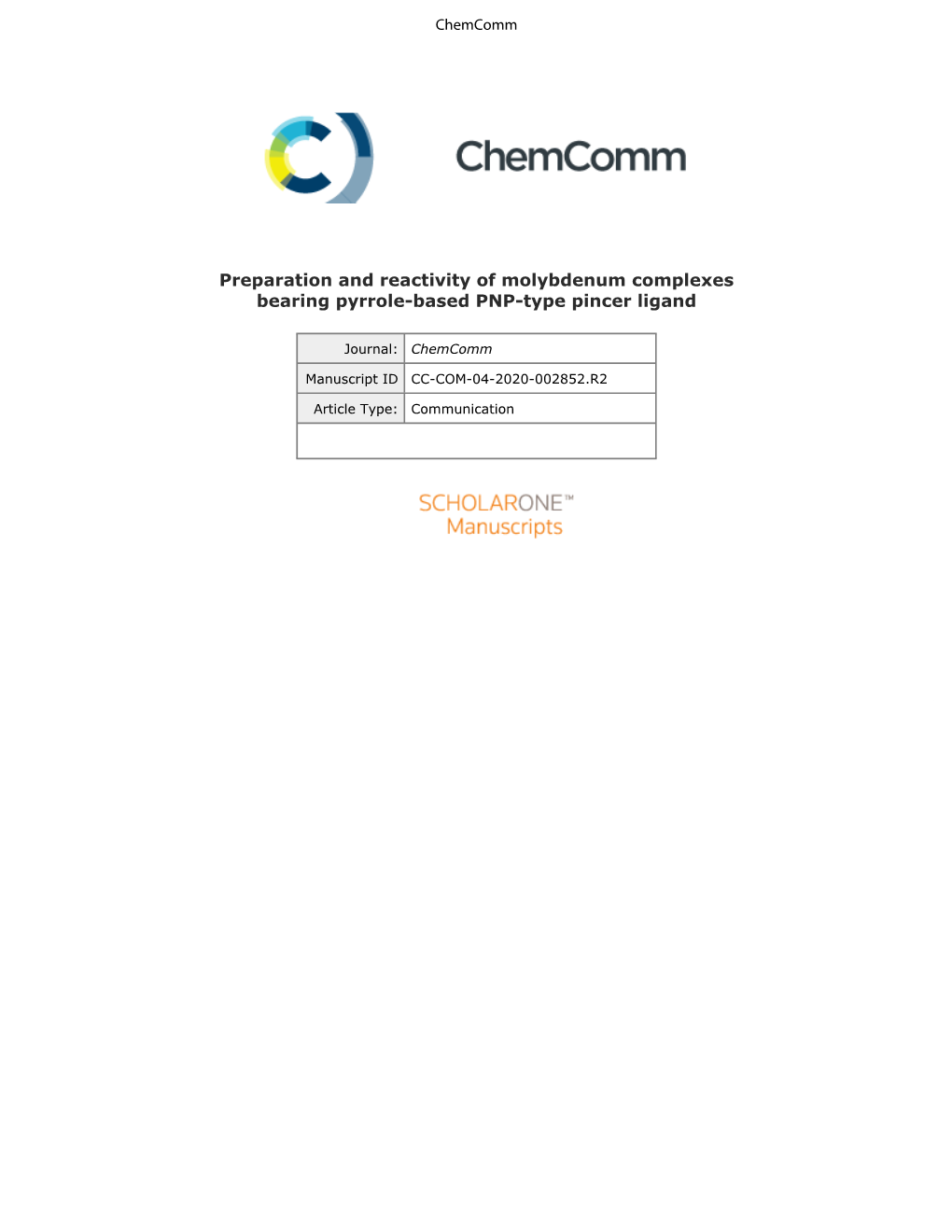 Preparation and Reactivity of Molybdenum Complexes Bearing Pyrrole-Based PNP-Type Pincer Ligand