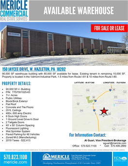 90000 SF Warehouse Building with 80000 SF Available