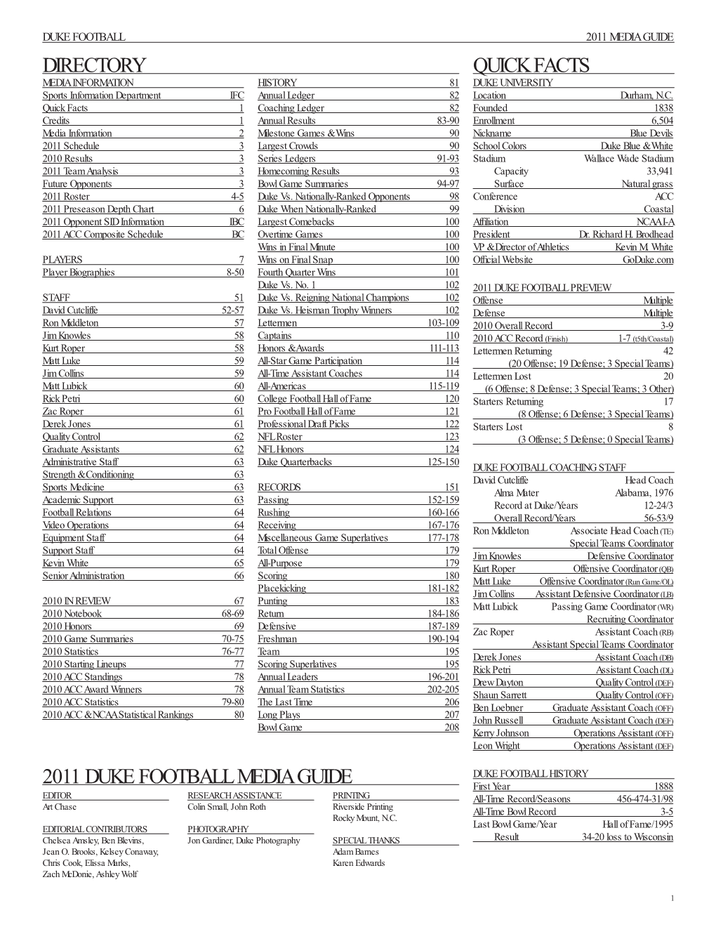 Directory 2011 Duke Football Media Guide Quick Facts