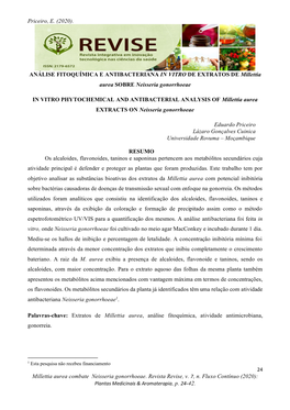 Millettia Aurea Combate Neisseria Gonorrhoeae. Revista Revise, V. 7, N. Fluxo Contínuo (2020): Plantas Medicinais & Aromaterapia, P