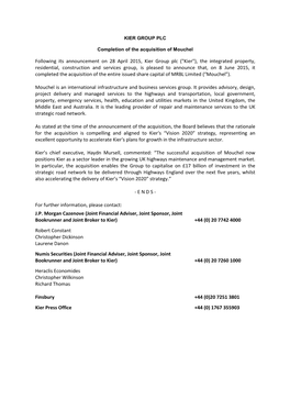 Following Its Announcement on 28 April 2015, Kier Group Plc ("Kier