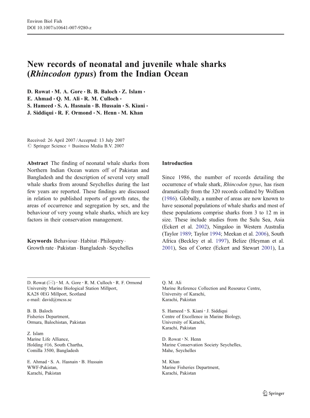 New Records of Neonatal and Juvenile Whale Sharks (Rhincodon Typus) from the Indian Ocean