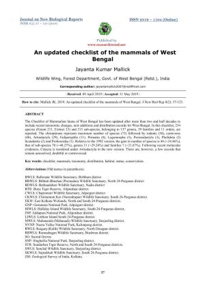 An Updated Checklist of the Mammals of West Bengal