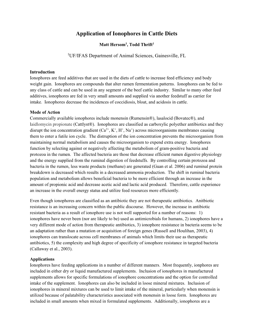 Application of Ionophores in Cattle Diets