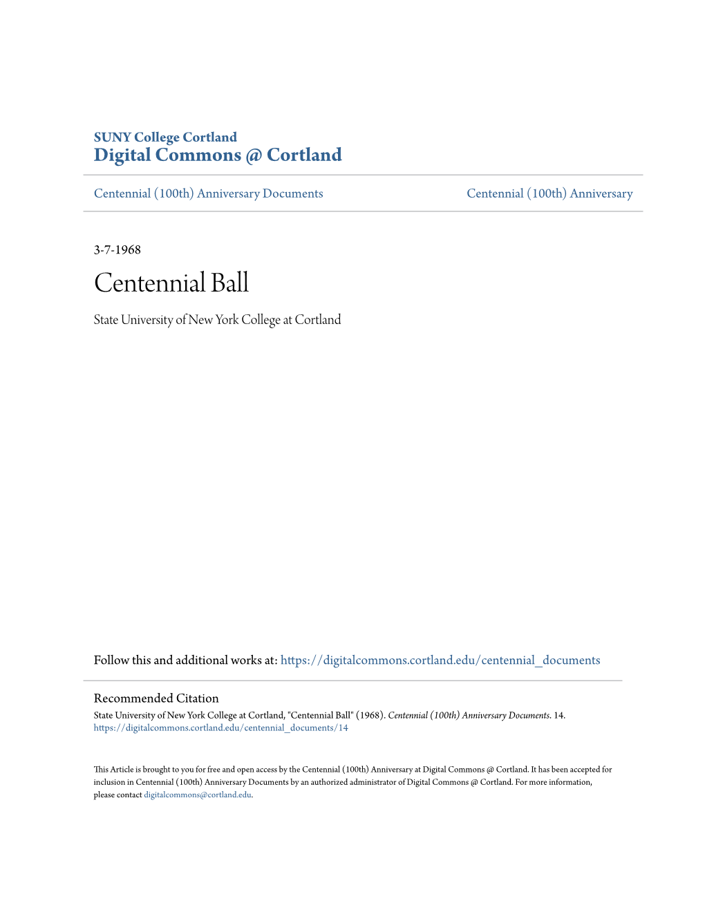 Centennial Ball State University of New York College at Cortland