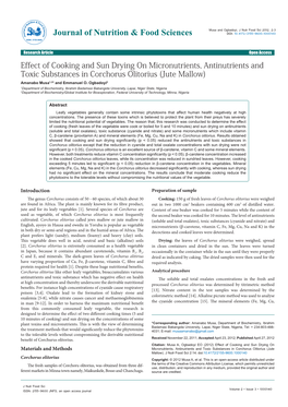 Effect of Cooking and Sun Drying on Micronutrients, Antinutrients and Toxic Substances in Corchorus Olitorius (Jute Mallow) Amanabo Musa1,2* and Emmanuel O