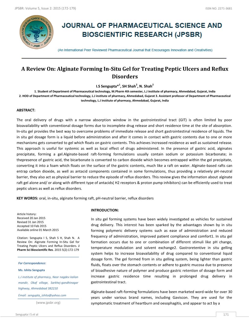 Alginate Forming In-Situ Gel for Treating Peptic Ulcers and Reflux Disorders