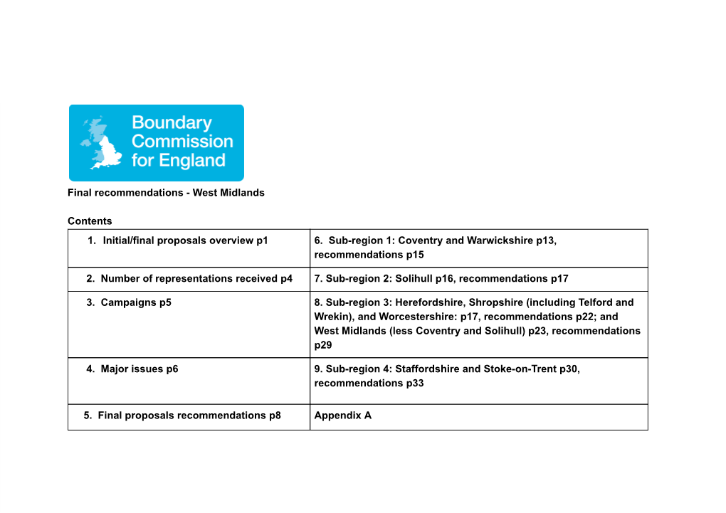 Final Recommendationsанаwest Midlands Contents 1. Initial/Final