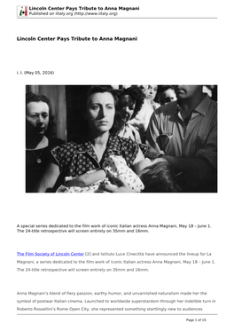 Lincoln Center Pays Tribute to Anna Magnani Published on Iitaly.Org (