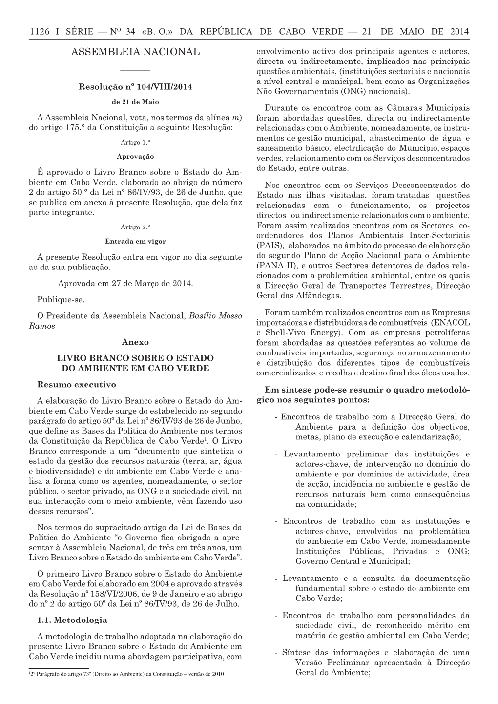 No 34 «Bo» Da República De Cabo Verde — 21 De Maio De 2014