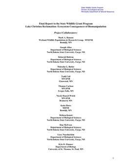 Lake Christina Reclamation: Ecosystem Consequences of Biomanipulation