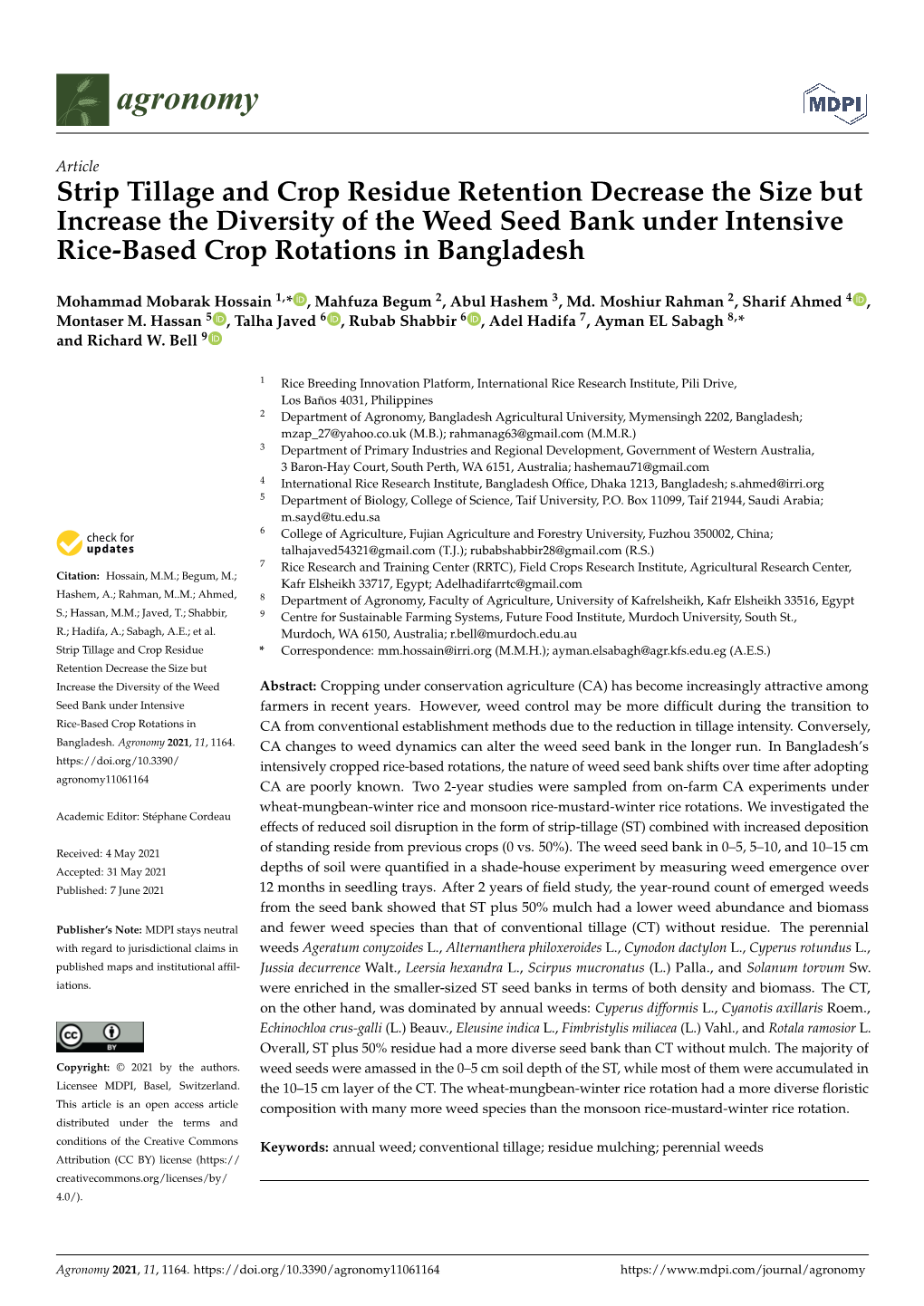 Strip Tillage and Crop Residue Retention Decrease the Size but Increase the Diversity of the Weed Seed Bank Under Intensive Rice-Based Crop Rotations in Bangladesh