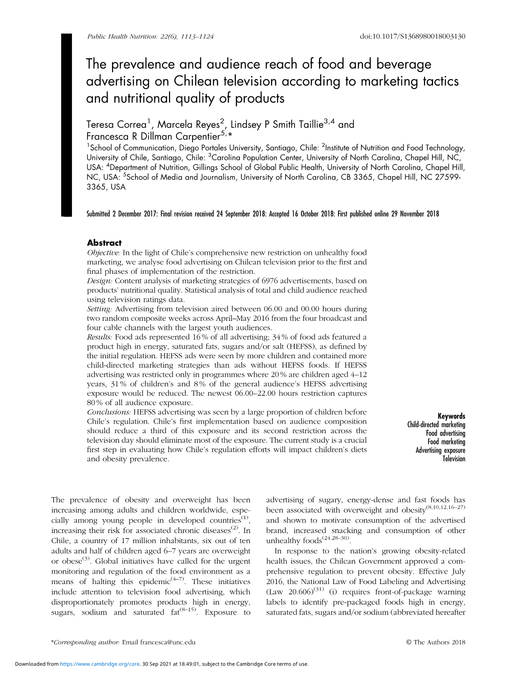 The Prevalence and Audience Reach of Food and Beverage Advertising on Chilean Television According to Marketing Tactics and Nutritional Quality of Products