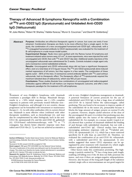 Therapy of Advanced B-Lymphoma Xenografts with a Combination of 90Y-Anti-CD22 Igg (Epratuzumab) and Unlabeled Anti-CD20 Igg (Veltuzumab) M