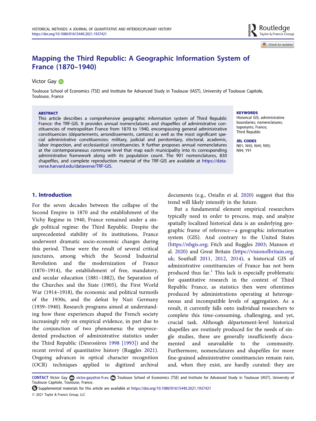 Mapping the Third Republic: a Geographic Information System of France (1870–1940)