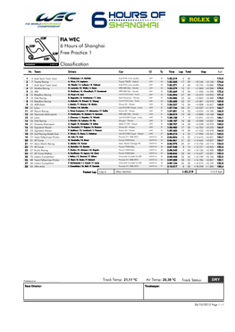 FIA WEC 6 Hours of Shanghai Free Practice 1 Classification