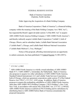 Approval of Proposal by Bank of America Corporation