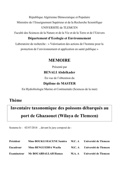 Inventaire Taxonomique Des Poissons Débarqués Au Port De Ghazaouet (Wilaya De Tlemcen)