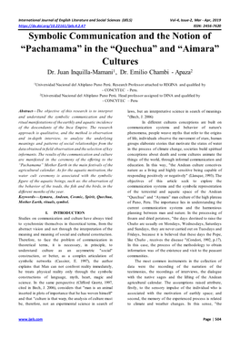Symbolic Communication and the Notion of “Pachamama” in the “Quechua” and “Aimara” Cultures Dr