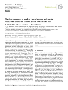 Nutrient Dynamics in Tropical Rivers, Lagoons, and Coastal Ecosystems of Eastern Hainan Island, South China Sea