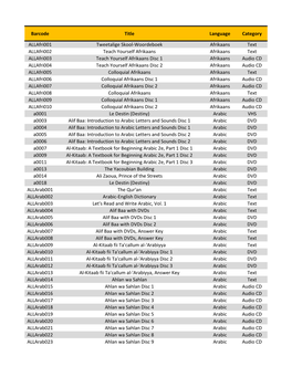 Barcode Title Language Category Allafri001 Tweetalige Skool