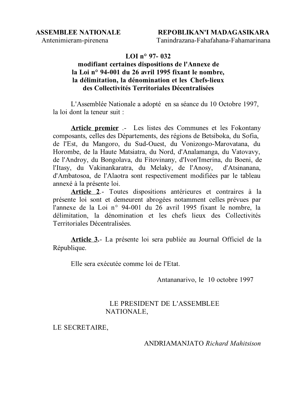 ASSEMBLEE NATIONALE Antenimieram-Pirenena