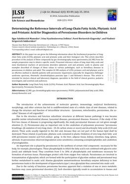 Determining the Reference Intervals of Long-Chain Fatty Acids, Phytanic Acid and Pristanic Acid for Diagnostics of Peroxisome Disorders in Children