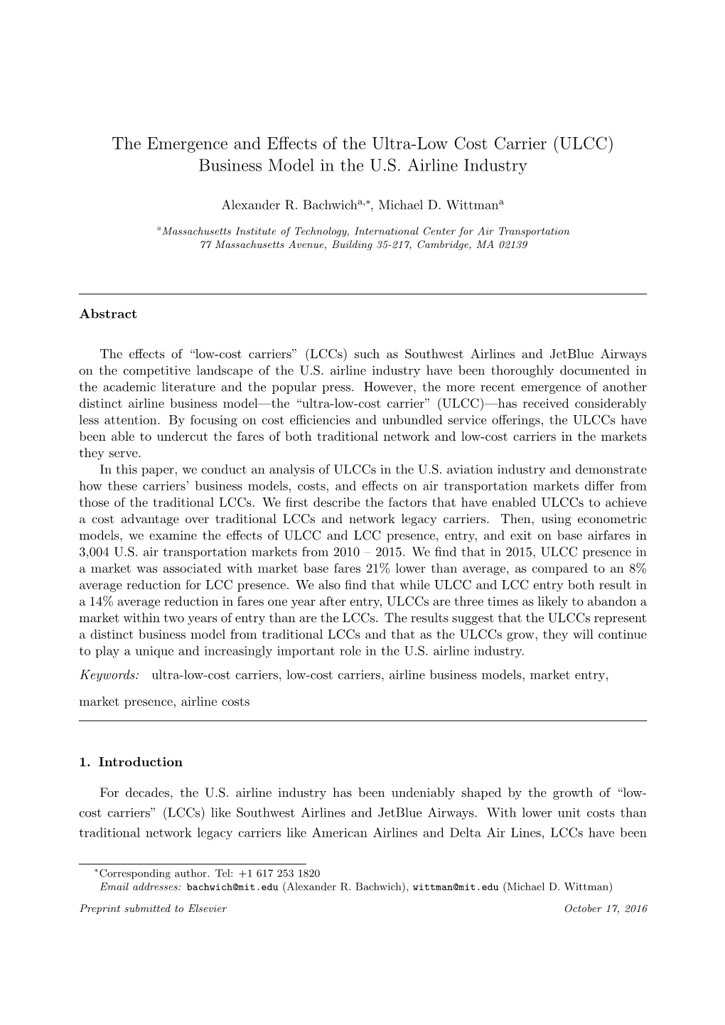 The Emergence and Effects of the Ultra-Low Cost Carrier (ULCC) Business Model in the U.S. Airline Industry