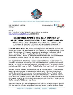 David Hill Named the 2017 Winner of Prestigious Pete