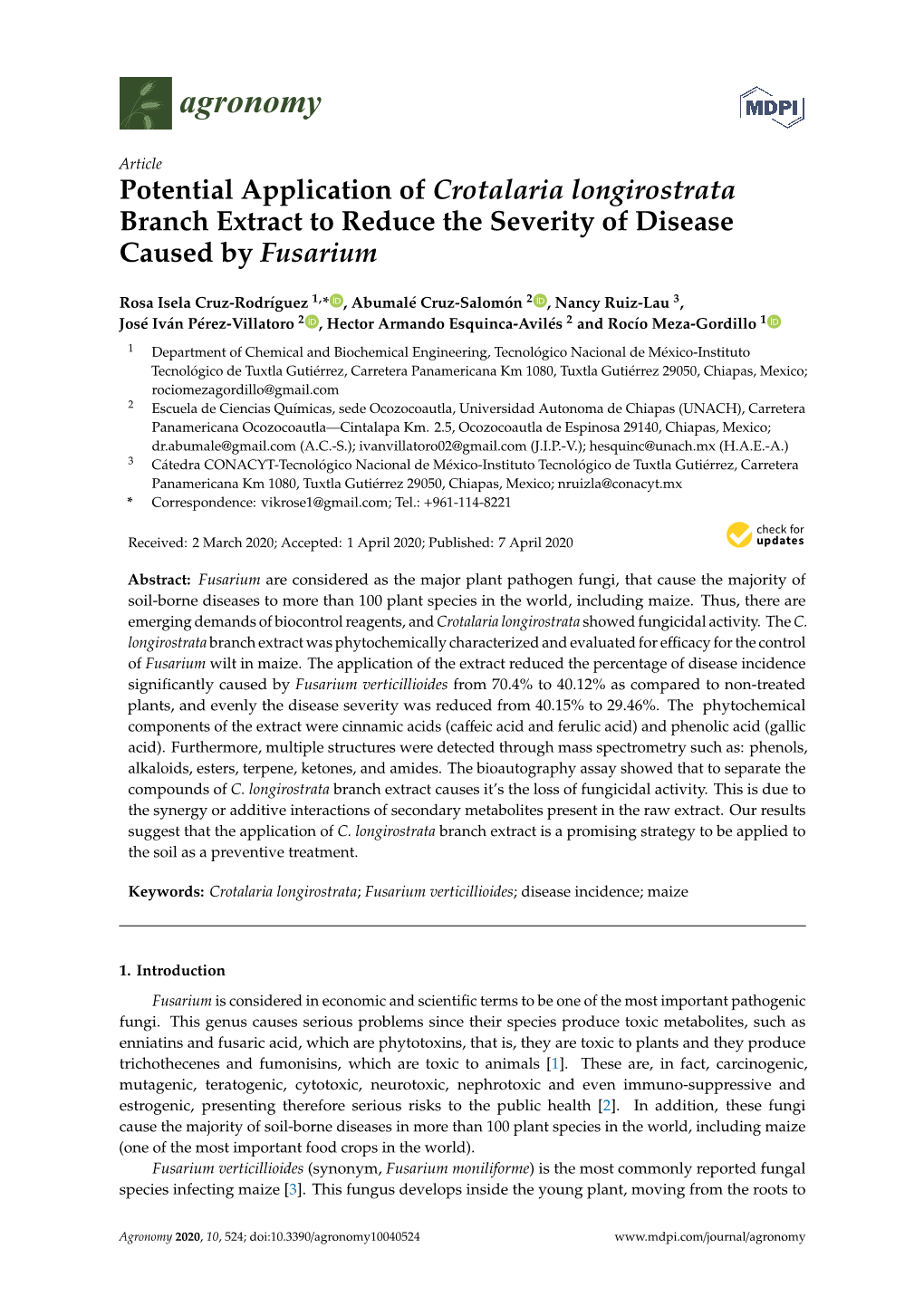 Potential Application of Crotalaria Longirostrata Branch Extract to Reduce the Severity of Disease Caused by Fusarium