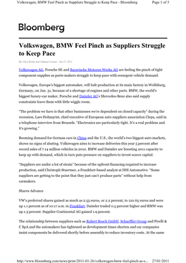 Volkswagen, BMW Feel Pinch As Suppliers Struggle to Keep Pace - Bloomberg Page 1 of 3