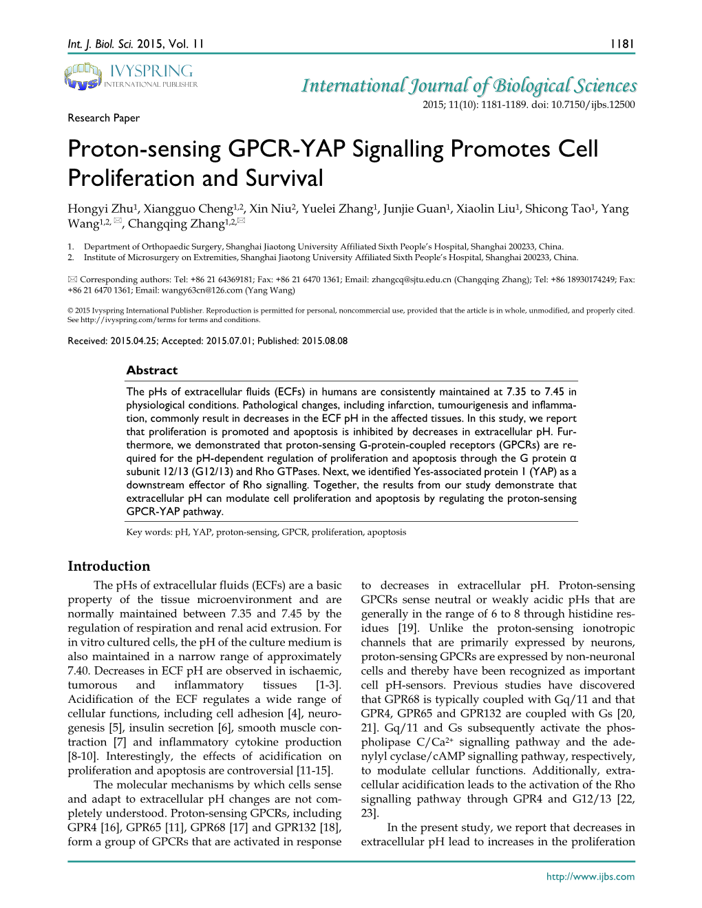 Proton-Sensing GPCR-YAP Signalling Promotes Cell Proliferation And