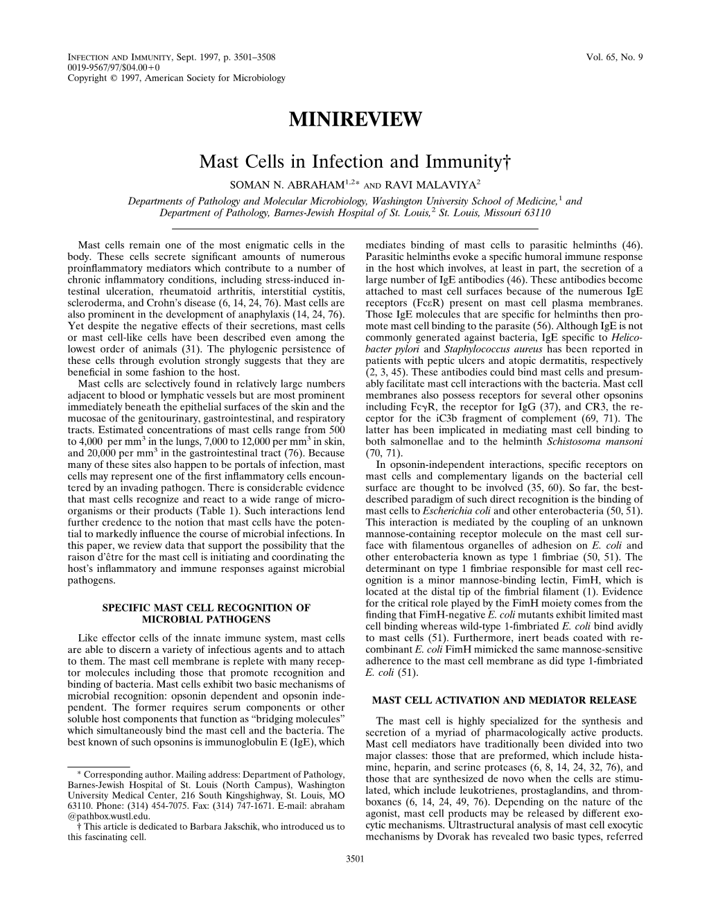 Mast Cells in Infection and Immunity†