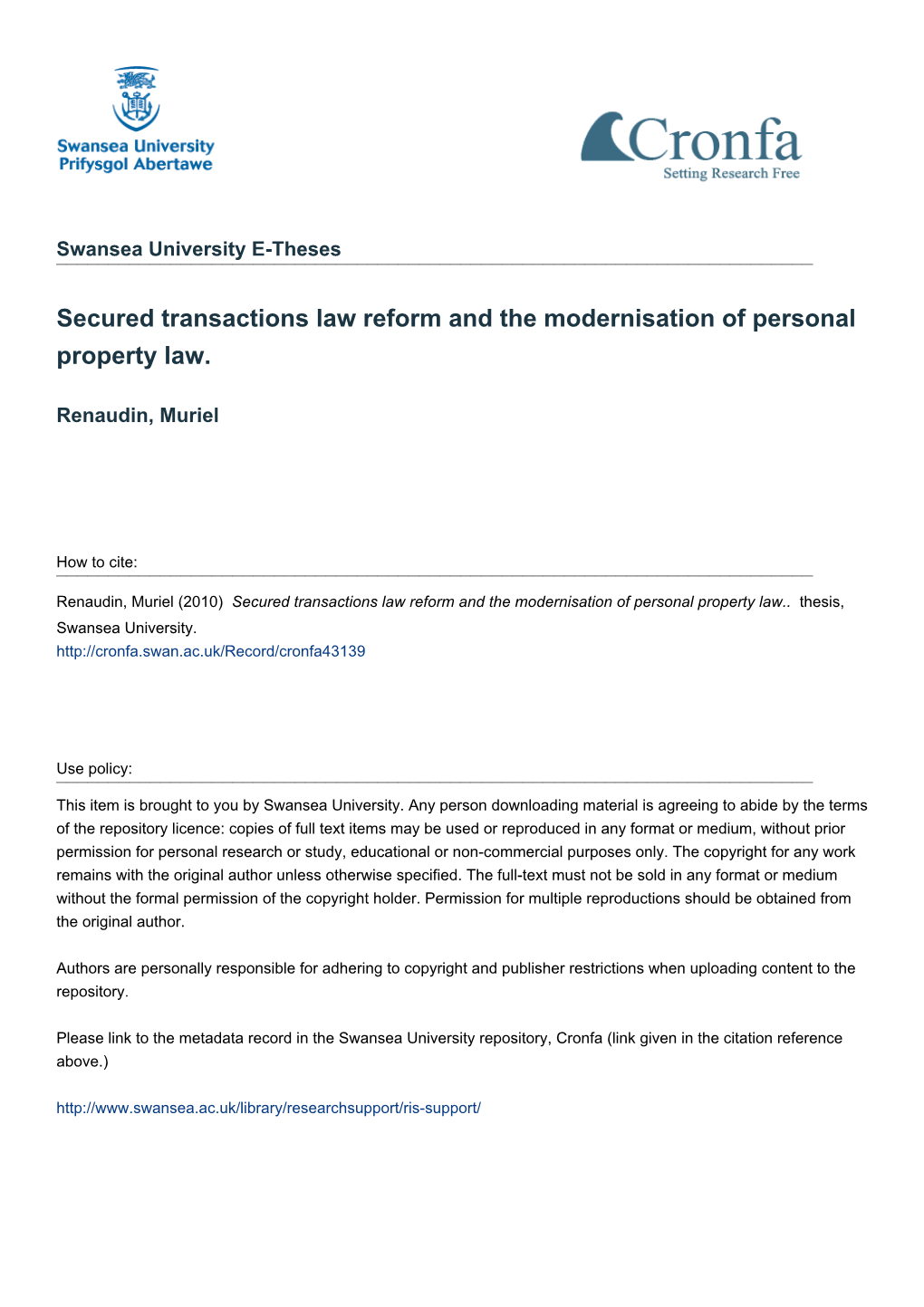 Secured Transactions Law Reform and the Modernisation of Personal Property Law