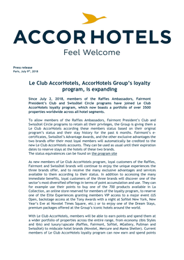 Le Club Accorhotels, Accorhotels Group's Loyalty Program, Is Expanding